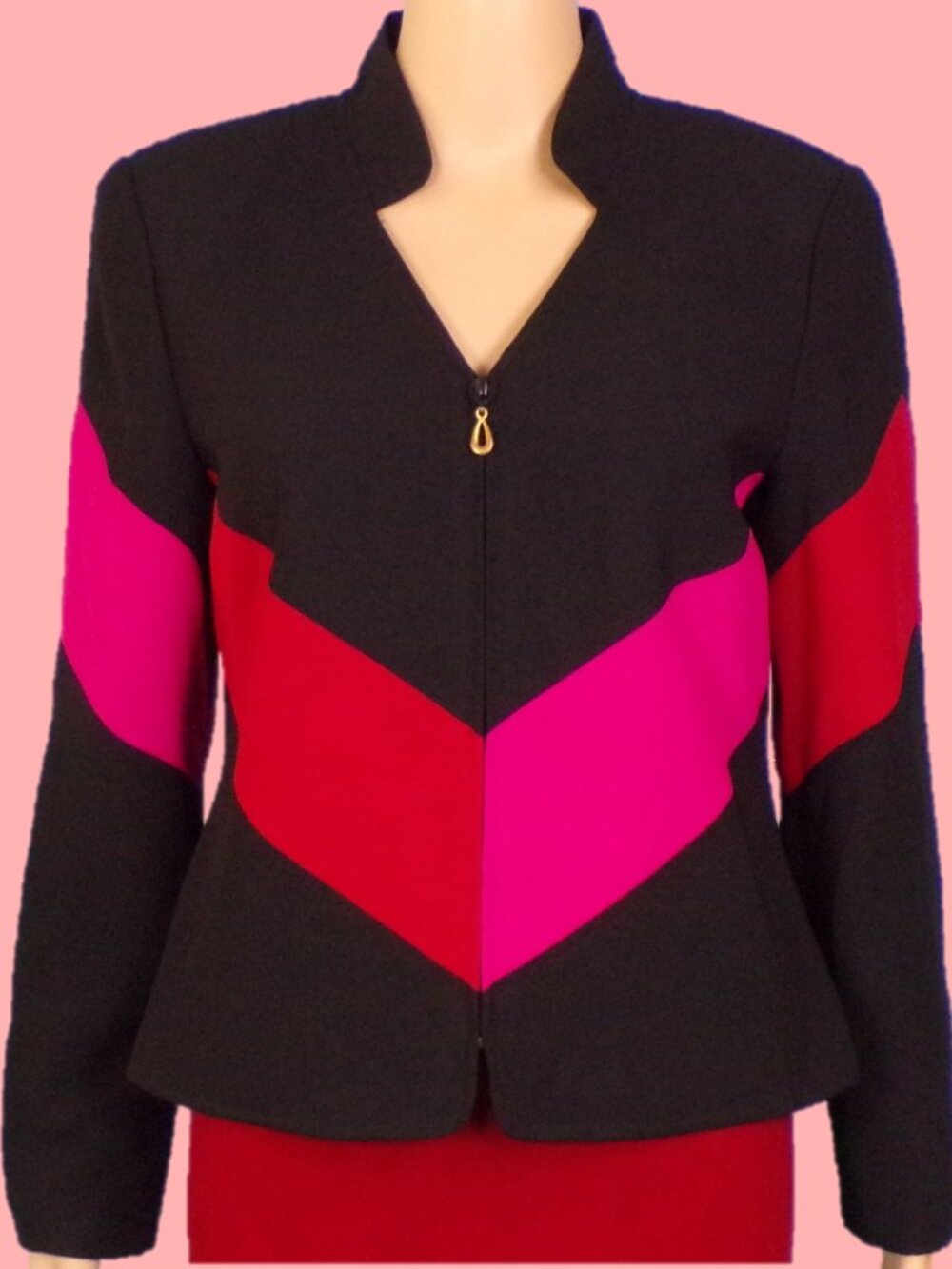 SHOMI BY MILLER SHOR size 6 black/red/fuchsia zip-front jacket 100% polyester